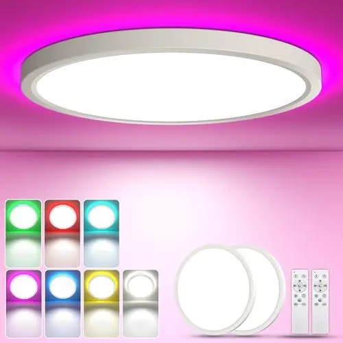 Produktbild: YiLaie 2 Stück 24W Deckenlampe LED Deckenleuchte Dimmbar mit Fernbedienung RGB Farbwechsel Rund Deckenleuchte Flach für Wohnzimmer Schlafzimmer Deckenlampe 3000K-6500K 2700LM IP44 Wasserdicht Ø30cm