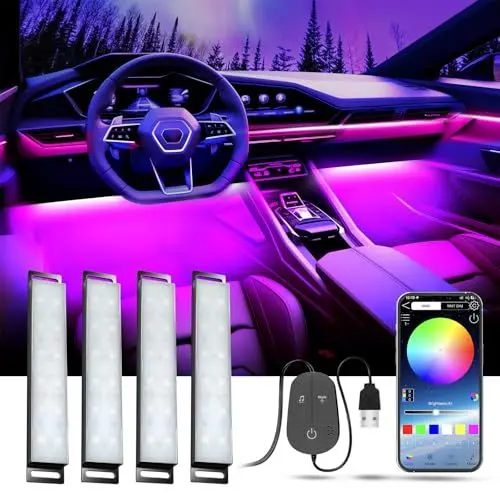 Produktbild: YiLaie LED Innenbeleuchtung Auto, LED Ambientebeleuchtung mit APP Steuerung und 16 Millionen Farben, Musikmodus, Farbspeicher, USB-Innenraumbeleuchtung, Auto Zubehör Innenraum, DC 5V