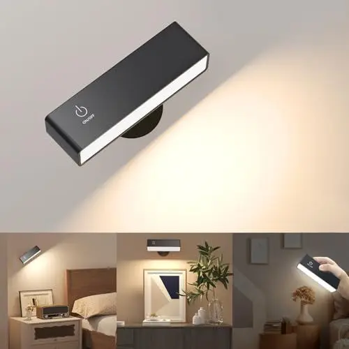 Produktbild: YiLaie Wandleuchte Innen, 4000mAh Wandlampe Schwarz mit USB-Aufladung, 360° Drehbare, Touch-Bedienung, Dimmbar Leselampe, für Schlafzimmer, Wohnzimmer, Magnetismus Wandleuchte Ohne Stromanschluss