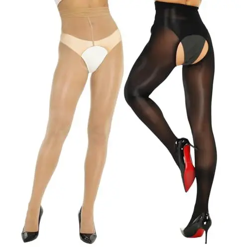 Produktbild: Yilanmy Glanz Strumpfhose Ouvert Für Damen Sexy Strumpfhose Offen Schritt Glänzend Tanzstrumpfhose 2 Paar (Schwarz+Natürliche, S-M)