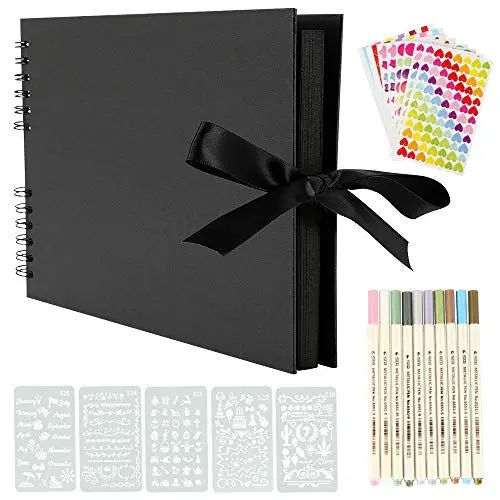 Produktbild: YILEEY Fotoalbum zum Selbstgestalten, Scrapbook 80 Schwarze Seiten Fotobuch zum Einkleben, 28x21cm Fotoalben, DIY Geschenk Scrapbooking Set mit Stiften Schablonen Aufkleber Fotoecken, MEHRWEG