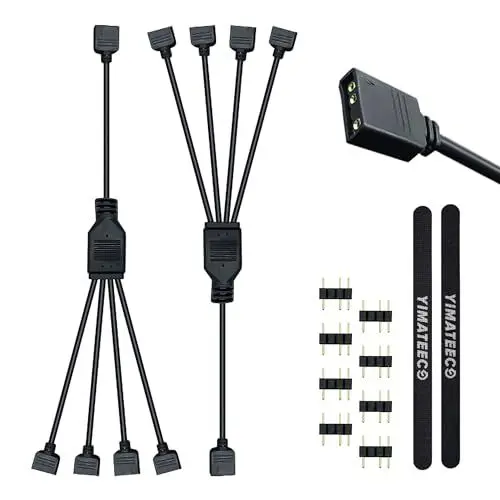 Produktbild: YIMATEECO ARGB Splitterkabel, 5V 3-polig Verlängerungskabel Adapter 1 auf 4 Splitterkabel Verlängern und verbinden 30cm für CPU-Kühler und 5 V ARGB-Lüfter (30CM, 2Stü, ARGB 1 zu 4 Splitter)