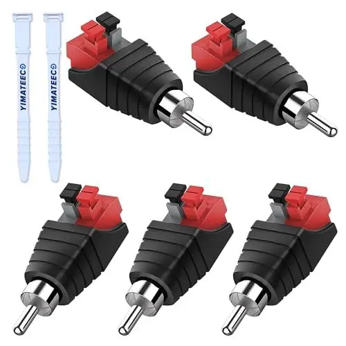 Produktbild: YIMATEECO Cinch Stecker Adapter, 5 Stk RCA Cinch zu Lautsprecher Kabeladapter Phono Cinch-Stecker zu AV 2 Pin Schraubklemme Audio Video Federpresstyp Balum Konverter Adapter für CCTV (5 Stück)