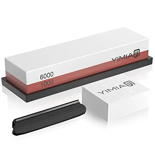 Produktbild: YIMIAY Schleifstein, Körnung 1000/6000 Abziehstein Wetzstein Professionell 2-IN-1 Doppelseitiger Messerschärfer Wasserstein für Messer, mit Rutschfestem Silikonhalter und Messer-Halter und Läppstein