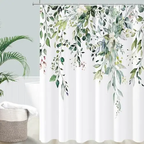 Produktbild: YIMSGO Grün Eukalyptus Duschvorhang Shower Curtains, Aquarell-Pflanzenblätter mit Blumen Badezimmer Deko, Anti Schimmel Badewanne Textil Boho Türkis Wald Wasserdicht Duschvorhänge mit Haken 180x200cm