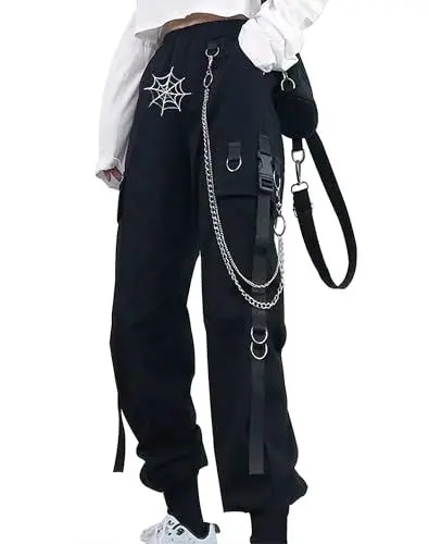 Produktbild: YINGWIN Cargohose Damen mit Hosenkette Halloween Spinnennetz Hose Gothic Kleidung Damen Goth Punk Y2k Techwear Hose Jogginghose