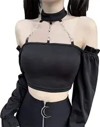 Produktbild: YINGWIN Damen Crop Top Langarm Neckholder Top Damen Gothic Kleidung Damen Sexy Heckholder Tank Top Rückenfrei Bluse Y2k Top Gothic Punk Oberteil