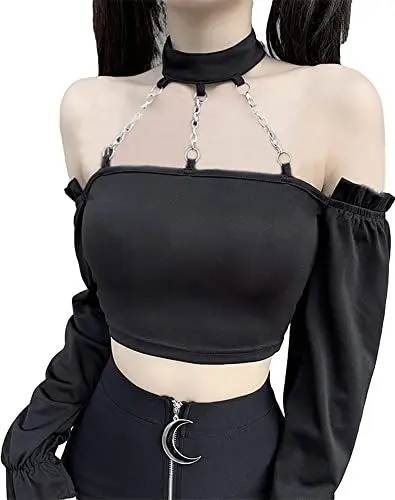 Produktbild: YINGWIN Damen Crop Top Langarm Neckholder Top Damen Gothic Kleidung Damen Sexy Heckholder Tank Top Rückenfrei Bluse Y2k Top Gothic Punk Oberteil