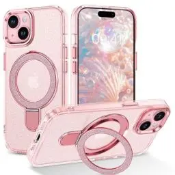Produktbild: YINLAI für iPhone 15 Hülle Kompatibel mit magsafe,HandyHülle iPhone 15 mit Ringhalter Ständer Kabellos Leicht Dünn TPU Bumper PC Schale Cover Case Hülle für iPhone 15 6.1 Zoll,Glitzer Rosa
