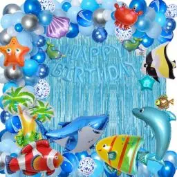 Produktbild: YinQin 176 Stück Blaue Ozean Geburtstagsparty Ballons mit Pumpe, Blau Ozean Thema Geburtstagsdekoration Happy Birthday Ballon, Hai Geburtstagsballon Kinder Geburtstag Luftballons Deko Supplies (Blau)