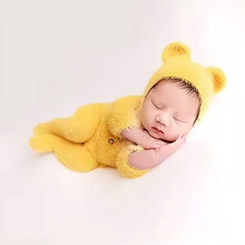 Produktbild: Yinuoday Neugeborene Fotografie Requisiten Outfits Jungen Mädchen Outfits Mohair Bär Hut Kleinkind Baby Photoshoot Requisiten Fuß Strampler Jumpsuit Set
