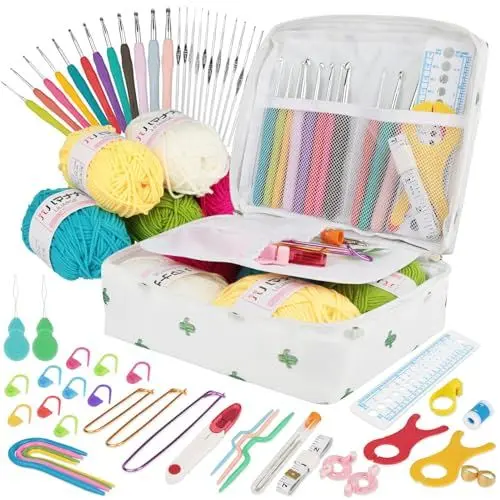 Produktbild: YINVA Häkelset für Anfänger 111 Stück Häkelnadel Set 0.6mm-8mm Ergonomische Häkelnadeln Crochet Set Stricken für Anfänger Set Häkelgarn Tragbaren Tasche Strickzubehör(Weiß)