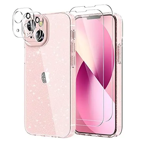 Produktbild: YIRSUR (3 in 1 Klar Glitzer Hülle für iPhone 13 mit 2 Stück Schutzfolie und 2 Stück Kamera Panzerfolie, Handyhülle Transparent Slim Soft Silikon TPU Glitzernde Schutzhülle für Frauen und Mädchen