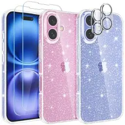 Produktbild: YIRSUR Glitzer Hülle Kompatibel mit iPhone 16 Hülle, Handyhülle mit 2 Schutzfolie + 2 Kameraschutz, Anti-Vergilbung Stoßfest Kratzfest Ultradünn für iPhone 16 Transparent Bling Glitzer