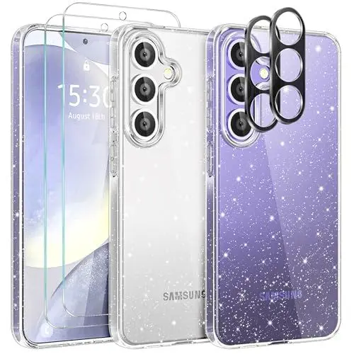 Produktbild: YIRSUR Glitzer Hülle für Samsung Galaxy S24 mit 2 Stück Glasfolie und 2 Stück Kameraschutz, Transparent Handyhülle Bling Weiche TPU Silikon Stoßfest Schutzhülle für Frauen und Mädchen, Durchsichtig