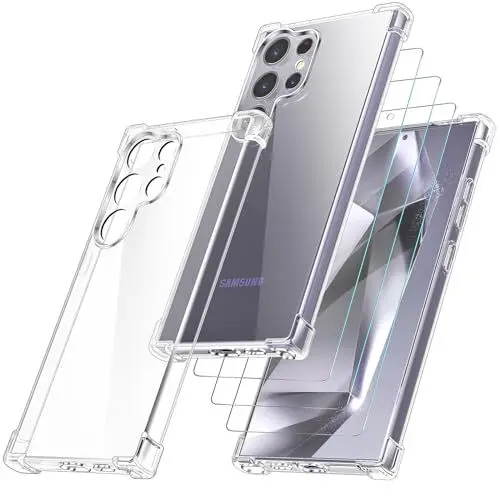 Produktbild: YIRSUR Hülle für Samsung Galaxy S24 Ultra 5G mit 3 Schutzfolie, Weiche Silikon Dünn Transparent Case mit Kameraschutz Handyhülle Samsung S24 Ultra 5G Klar Schutz Hülle