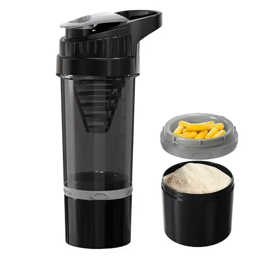 Produktbild: YISH Protein Shaker Eiweiß Shaker 500ml: Shake Becher Auslaufsicher BPA Frei 150ml Protein Box Storage mit Drehverschluss Sieben Mess Skala, für Cremige Whey Protein Shakes, Schwarz