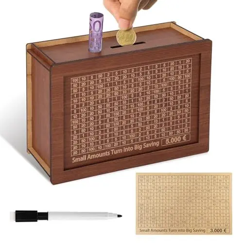 Produktbild: YISH Retro Spardose 5000€：mit Sparziel und Zahlen Ankreuzen, Abnehmbare Wiederverwendbare Sparbox mit Marker, Mit 3000€ Folie für Spardose