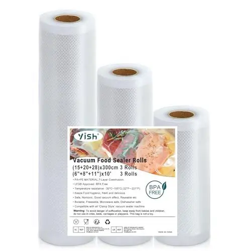 Produktbild: YISH Vakuumierbeutel 3 Rollen Vakuumierfolie: Vakuumbeutel Lebensmittel 15/20/28x300cm, Profi Folienrollen BPA-frei, Vakuumbeutel für Alle Vakuumierer und Sous Vide, Mehrweg, Stark und Reißfest