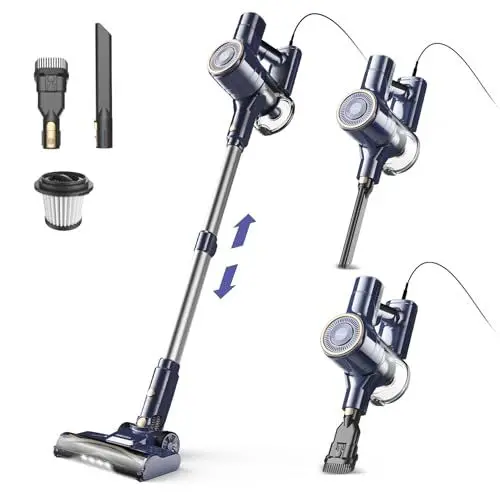 Produktbild: YISORA Staubsauger, 6-in-1 Stielstaubsauger & Handstaubsauger mit 6M Kabel, 23Kpa stark Saugkraft, 600W Motor, freistehender Staubsauger Beutellos Vacuum Cleaner für Harte Böden Teppich, klein leicht