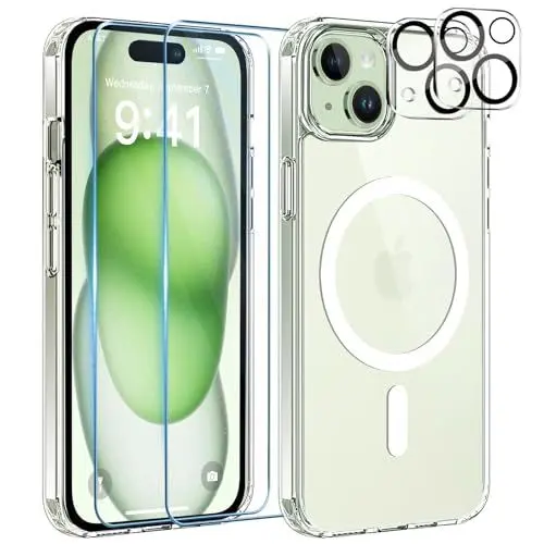 Produktbild: YisrLery 5-in-1 Kompatibel mit iPhone 15 Hülle für Mag Safe mit 2 Stück Schutzfolie und 2 Stück Kameraschutz Militärnorm Schutz, PC Kratzresistente Rückseite Stoßfest Magnetische Hülle - Klar