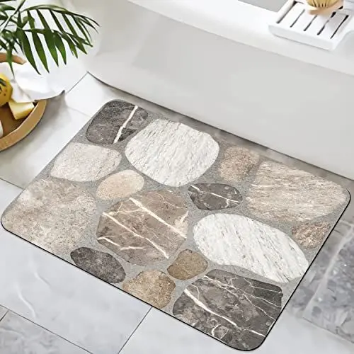 Produktbild: YISUMEI Badezimmerteppich 42x60 cm Badematte Gummisohle Rutschfester Waschbar Absorbierender Badvorleger Schnelltrocknend(Steinfliesenstruktur)