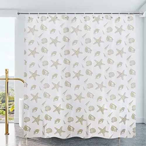 Produktbild: YISURE Duschvorhang, extrabreit, 240 cm, extra langer Duschvorhang, Feuchtraum-Duschvorhang, 240 x 200 cm, Muschel-Print, wasserabweisend, maschinenwaschbar