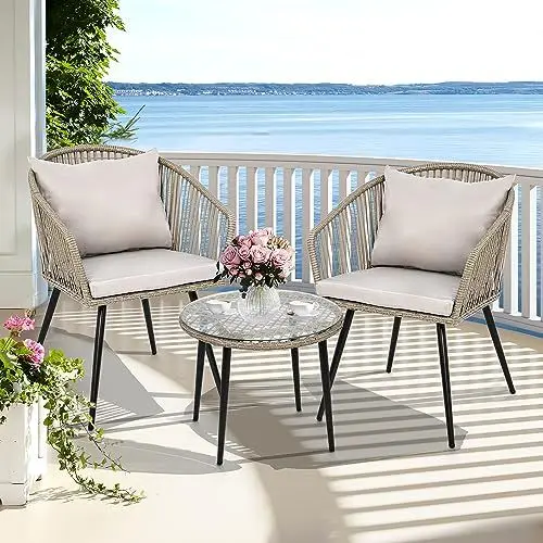 Produktbild: YITAHOME 3-teilige Polyrattan Bistroset Set Wetterfest, 2 Lounge Sessel und 1 Beistelltisch mit Glasplatte für Garten, Balkon und Terrasse inkl. weichen Auflagen, Kissen, Glasplatte, Grau
