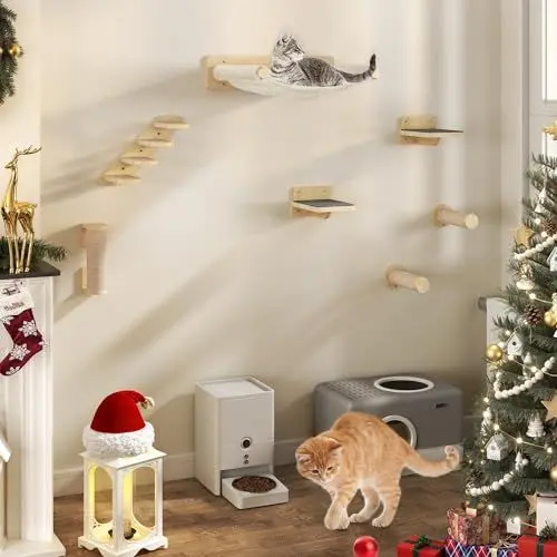 Produktbild: YITAHOME 7PCS Kletterwand Katzen, Hölzerne Katzenwandmöbel, Katzenkletterbaum, Hölzerner Kratzbaum mit 3 Sisal-bezogenen Säulen/4-Stufige Katzentreppe Wand mit Kratzbaum/Hängematte