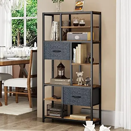 Produktbild: YITAHOME Bücherregal, 7 Regal Standregal mit Schubladen Boden bis zur Decke Lagerregal, industrielle Bücherregal, Stahlregal, geeignet für Wohnzimmer, Büro, Arbeitszimmer, Flur, Küche, Vintagebraun