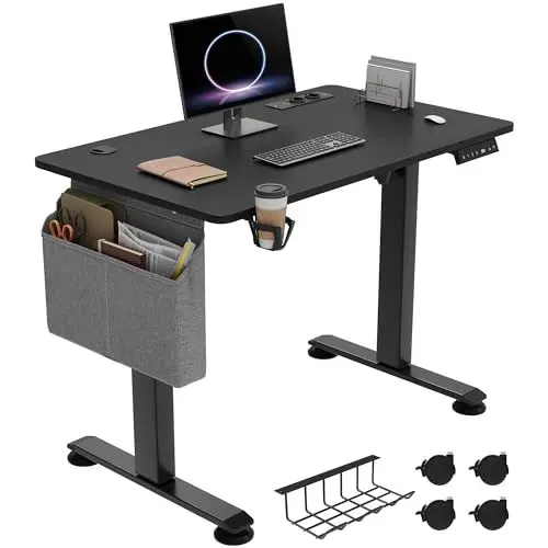Produktbild: YITAHOME Elektrisch Höhenverstellbarer Schreibtisch mit 2 USB-Anschlüssen, Steckdosen, 100x60x(72-120) cm, mit Spleißbrett, Memory-Handsteuerung, Sitz-Stehpult 360°Rollen Schreibtisch, Schwarz