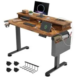 Produktbild: YITAHOME Elektrisch Höhenverstellbarer Schreibtisch, 120x60x(72-120) cm, mit Ablagefach, Computerständer, Memory-Handsteuerung, 2 USB-Anschlüssen, Sitz-Stehpult 360°Rollen Schreibtisch, Vintage-Braun