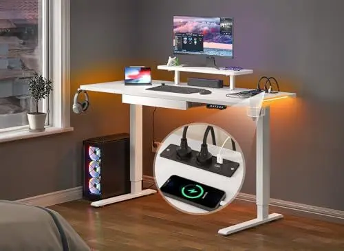 Produktbild: YITAHOME Höhenverstellbarer Schreibtisch 140x60 cm Höhenverstellbar Elektrisch mit 2 USB Ladeanschluss, 2 Buchse Mobiler Elektrisch Computertisch mit LED-Lichtleiste Tastaturablage Standing Desk