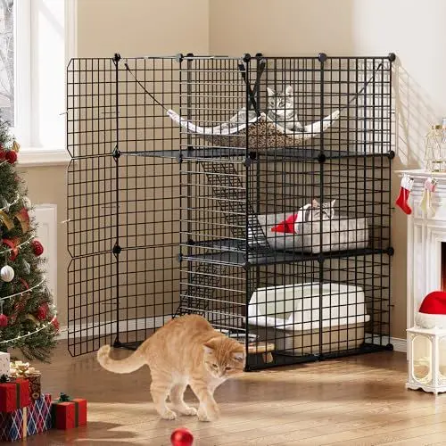 Produktbild: YITAHOME Katzenkäfig für Draußen, DIY-Katzengehege mit 3 Türen, 2 Leitern, Katzenlaufstall aus Metall 3-stöckige Haustierkäfig mit extra großer Hängematte für 1–2 Katzen Hase, Schwarz 72 x 72 x 104cm
