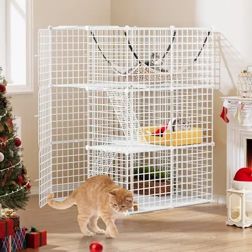 Produktbild: YITAHOME Katzenkäfig für den Innenbereich, 3-stöckig, DIY-Katzenlaufstall, Katzenhütte mit extra großer Hängematte für 1–2 Katzen, Frettchen, Chinchilla, Kaninchen, kleine Tiere, 72x72x107cm, Weiß