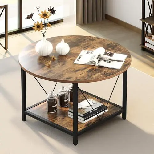 Produktbild: YITAHOME Runder Couchtisch, 80x80x46cm Rustikaler Wohnzimmertisch aus Holz für Wohnzimmer mit Ablage, Moderner Bauernhaus Couchtisch mit Stabilen Metallbeinen, Heimmöbel