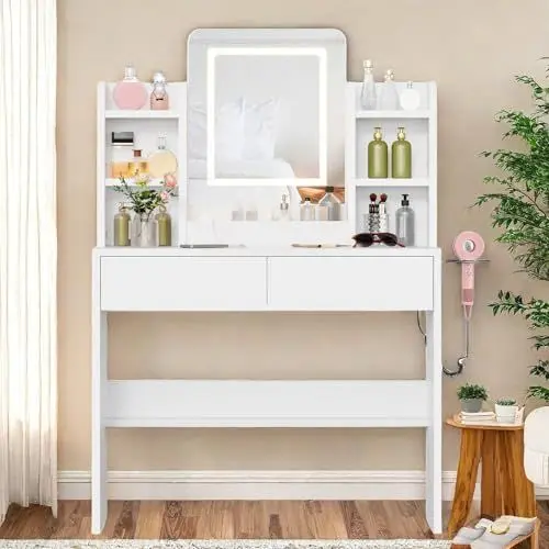 Produktbild: YITAHOME Schminktisch mit LED-Beleuchtung, 3 Farben mit Einstellbarer Helligkeit Frisiertisch mit Spiegel für Make-up, Kosmetiktisch, mit 2 Schubladen und 4 offene Ablagen modern, weiß