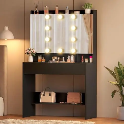 Produktbild: YITAHOME Schminktisch mit Spiegel und 10 LED-Beleuchtung, 3 Farben mit Einstellbarer Helligkeit Frisiertisch Kosmetiktisch mit verstellbaren Ablagen für Make-up, 2 Schubladen, modern (Schwarz)