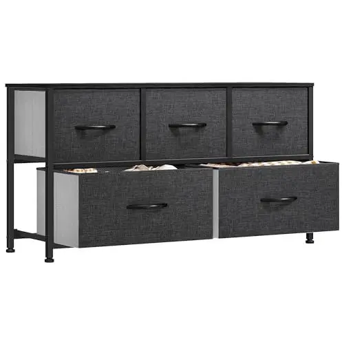 Produktbild: YITAHOME Schubladenschrank, Kommode mit 5 Schubladen aus Stoff, Kleideraufbewahrung & Sideboards/Schwarzes Metall-Regal und MDF-Platte/Wohnzimmer, Schlafzimmer, Kinderzimmer, Flur - Dunkelgrau
