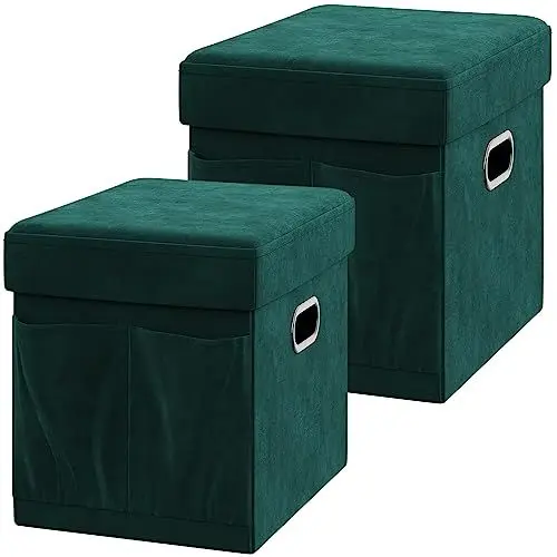 Produktbild: YITAHOME Aufbewahrung Ottomane, Gepolsterte Faltbare Bank, 2 Stück, Samt Ottomane Faltbare Aufbewahrungsboxen Sitz Fußhocker für Schlafzimmer, Flur, Wohnzimmer, Grün