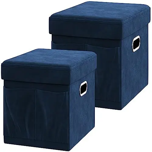 Produktbild: YITAHOME Aufbewahrung Ottomane, Gepolsterte Faltbare Bank, 2 Stück, Samt Ottomane Faltbare Aufbewahrungsboxen Sitz Fußhocker für Schlafzimmer, Flur, Wohnzimmer, Blau