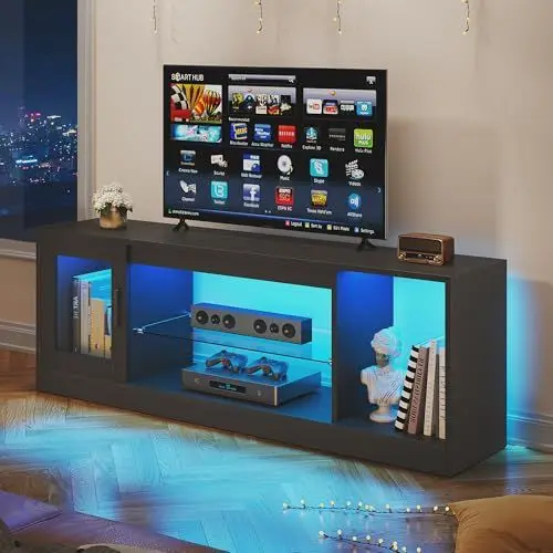 Produktbild: YITAHOME 148 cm TV Schrank für Fernseher bis 65 Zoll mit 7 RGB LED 22 Modes Leuchten Fernseher Gaming Entertainment Center,TV Lowboard mit verstellbarem Glasregal Stand für Wohnzimmer, Schlafzimmer