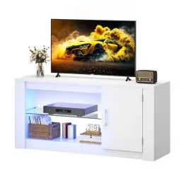 Produktbild: YITAHOME TV Schrank, TV Lowboard LED Weiß - Fernsehschrank Fernsehtisch mit RGB-LED-Leuchten Lowboard und Glasregal Fächern für 43 Zoll & kleinere TVs,für Wohnzimmer Schlafzimmer, B106 x H50 x T35 cm