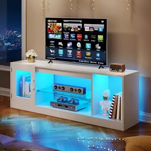 Produktbild: YITAHOME TV Schrank, TV Lowboard LED Weiß - Fernsehschrank Fernsehtisch mit RGB-LED-Leuchten Lowboard und Glasregal Fächern für 65 Zoll & kleinere TVs,für Wohnzimmer Schlafzimmer, B148 x H51 x T32 cm