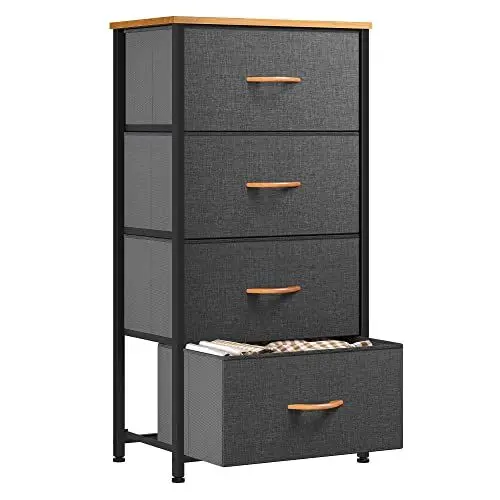 Produktbild: YITAHOME kommode Schmal, Schrank mit 4 Schubladen aus Stoff, Aufbewahrungskommode Industrial Stil für Schlafzimmer, Wohnzimmer,Flur, Dunkelgrau Aufbewahrungsschrank