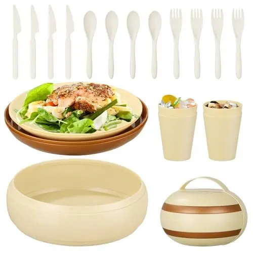 Produktbild: Yitriden 21 Teiliges Camping Geschirr Set, Kunststoff Geschirrset für 4 Personen, Outdoor Picknick Campingzubehör Mit Teller, SchüSsel, Becher, Besteck Set