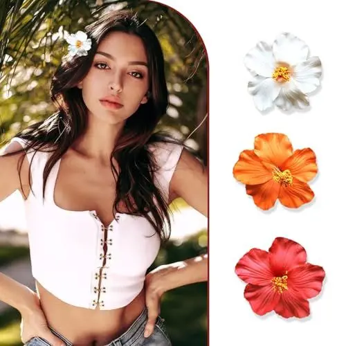Produktbild: YIUWOD 3blumen Spange - Haarspangen Blumen - Haarklammer Blumen - Kleine Accessoires FüR Partys, Reisen, Strandurlaub, Dates und zur Dekoration von Kleidung (Weiß, Rot und Orange)