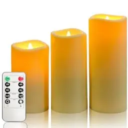 Produktbild: YIWER Wasserdicht LED flammenlose Kerzen, Outdoor Indoor batteriebetriebene flackernde Kerzen mit Remote-Timer,wird nicht schmelzen,Elfenbein Kunststoff Set von 3 D2,2xH5 6