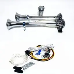 Produktbild: YIYIDA Air Horn 12V Doppelrohrhorn 165db Auto Lautsprecher Silber Chrom Zink Trompete Mit Air Pump für LKW Moto Van Boot Zug