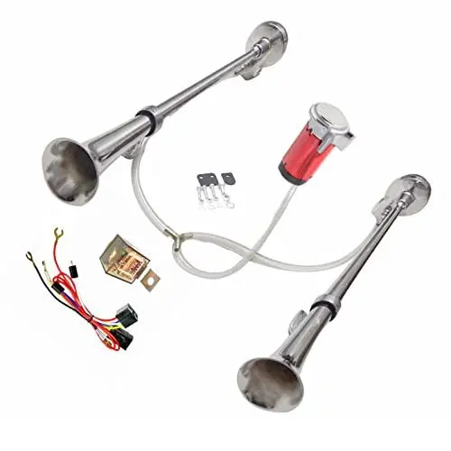 Produktbild: YIYIDA Autohupe Elektrische Hupe Car Horn 12V Schiffshupe Zink Chrom Silber Doppelrohr 170 dB Air Horn Alarm Hupe Lautsprecher mit roter Luftpumpe LKW Hupe für 12V Auto LKW Moto Schiff SUV etc